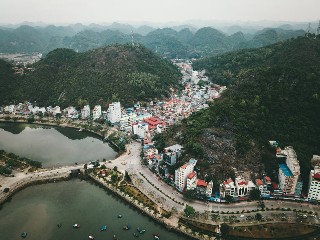 Aerial view of Cat Ba island and mountains in Vietnam